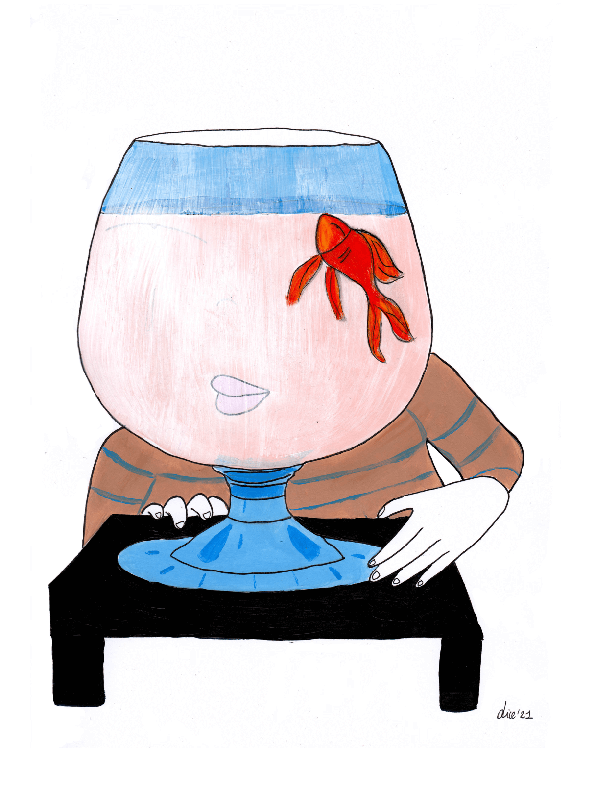 person staring at a fish in a glass